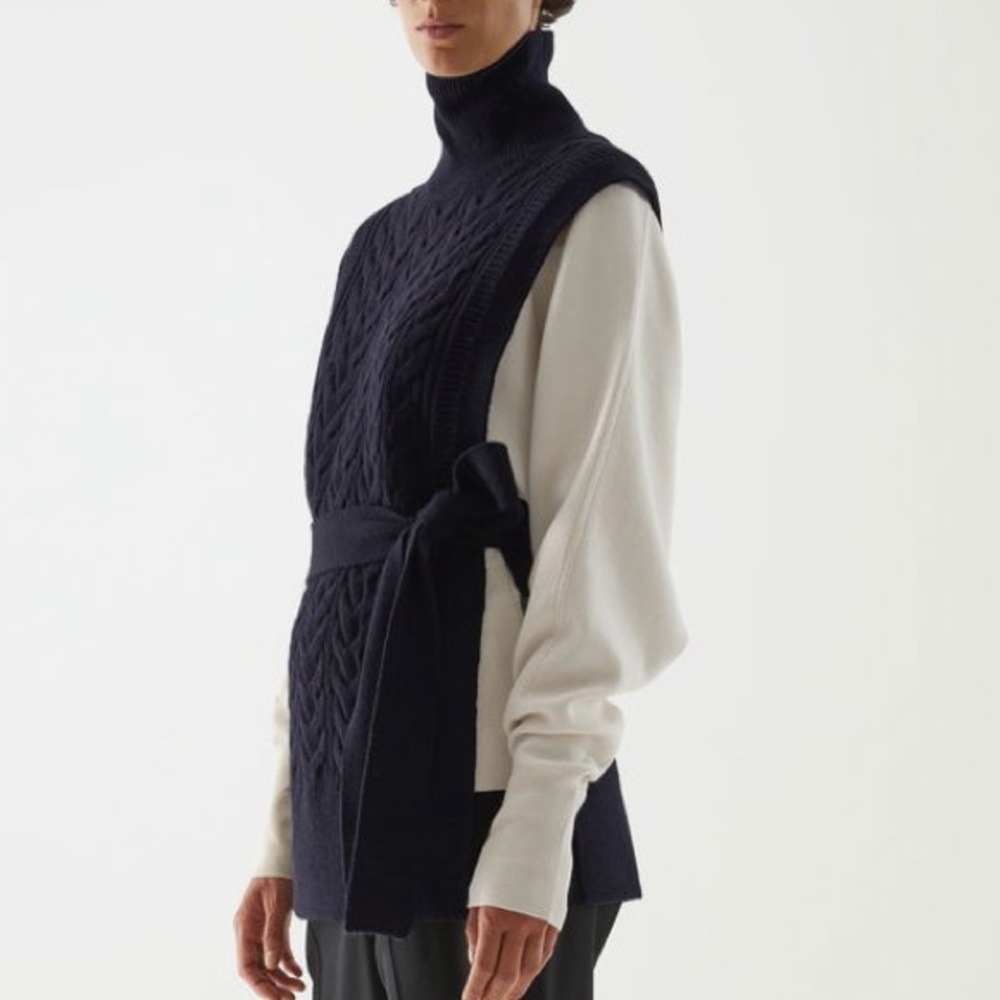 COS Navy Cable Wool Knit Sleeveless Belted Vest